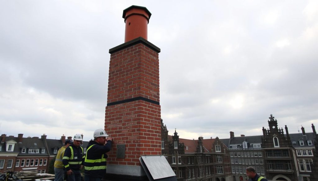 A beautifully renovated brick chimney stack stands tall against a cloudy sky, its freshly pointed mortar gleaming in the soft, natural light. In the foreground, a team of skilled masons carefully inspect their handiwork, ensuring every detail is perfected. The middle ground reveals a well-organized worksite, with scaffolding, tools, and materials neatly arranged. In the background, the historic buildings of Enschede's city center provide a picturesque backdrop, hinting at the importance of preserving these architectural treasures through expert chimney renovation services. The scene conveys a sense of professionalism, craftsmanship, and pride in preserving the local built heritage.