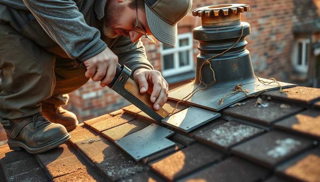 A close-up view of a skilled worker replacing worn lead flashing on a rooftop, ensuring optimal waterproofing for a chimney. The worker carefully removes the old lead pieces, meticulously measuring and cutting replacement flashing to fit the contours of the roof. Warm afternoon sunlight filters through the scene, illuminating the worker's focused expression and the gleaming tools used for the task. The background features the weathered facade of a traditional brick building, hinting at the broader context of a chimney renovation project. The overall atmosphere conveys a sense of diligent craftsmanship and attention to detail required for this specialized building maintenance procedure.