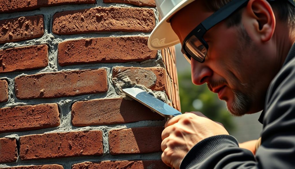 A closeup view of an expert mason carefully repairing the mortar joints between the bricks of a weathered chimney. The worker wears a hard hat and safety goggles, using a small trowel to meticulously apply fresh mortar to fill the cracks and gaps. Sunlight casts warm shadows across the textured brick surface, highlighting the intricate details of the skilled craftsmanship. The background is blurred, keeping the focus on the delicate restoration process unfolding before the viewer. The overall scene conveys a sense of precise, dedicated handiwork essential for maintaining the structural integrity and aesthetic appeal of an aging chimney.