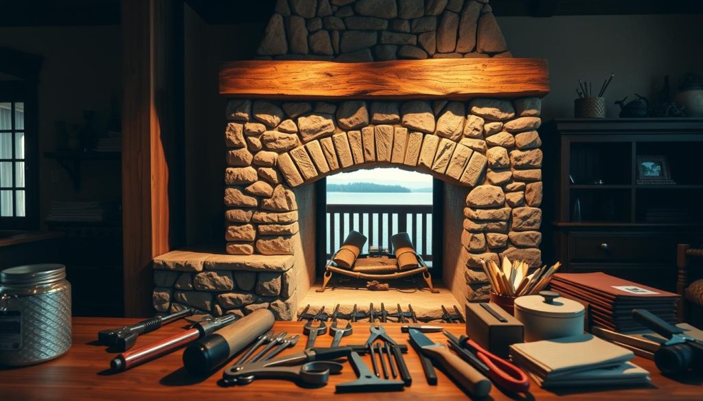 A cozy, well-crafted interior with an intricately detailed stone fireplace and chimney taking center stage. The fireplace's intricate masonry work is illuminated by soft, warm lighting, casting gentle shadows and highlighting its unique architectural features. In the foreground, various tools and materials used for chimney repair and maintenance are neatly organized, conveying a sense of expertise and professionalism. The middle ground features a expansive view of the room, showcasing the fireplace's integration with the surrounding space. The background subtly suggests the home's rustic, traditional aesthetic, creating a harmonious and inviting atmosphere.