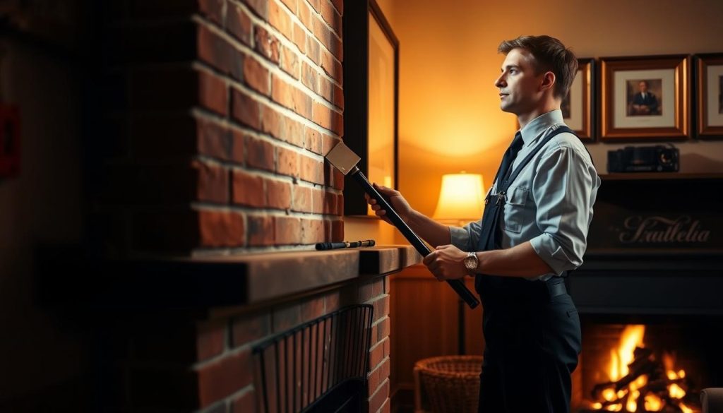 A cozy, well-lit interior scene showcasing a skilled chimney sweep working on a brick fireplace. The chimney sweep, dressed in a crisp uniform, is carefully inspecting the flue with a specialized tool, ensuring its proper functioning. Warm, diffused lighting filters through the room, casting a soft glow on the ornate mantelpiece and the row of framed artwork on the wall. The scene conveys a sense of professionalism and attention to detail, reflecting the care and expertise required for chimney maintenance.