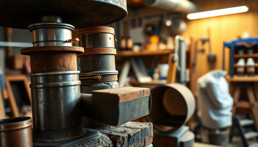 A detailed renovation of a chimney's components. In the foreground, a close-up view of various chimney parts, including a flue, damper, and firebox lining. The middle ground showcases the intricate process of disassembly and inspection, with tools and materials neatly arranged. The background depicts a well-lit, professional workshop setting, creating an atmosphere of precision and craftsmanship. The lighting is warm and directional, emphasizing the textures and materials of the chimney parts. The overall composition conveys the importance of thorough, meticulous renovation for a chimney system.