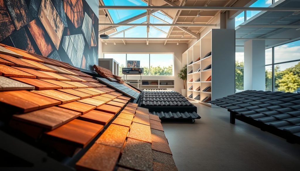 A high-quality roofing materials showroom, showcasing a range of premium roofing tiles, slate, and metal sheets. The foreground features a display of various roofing samples, with different textures, colors, and patterns, illuminated by warm, directional lighting that casts subtle shadows. In the middle ground, a clean, minimalist interior space with white walls and sleek, contemporary shelving units presents additional roofing options. The background suggests an expansive outdoor setting, with a glimpse of a blue sky and lush greenery, hinting at the natural environment these materials will ultimately be installed in. The overall atmosphere conveys a sense of quality, craftsmanship, and the thoughtful consideration of both form and function in creating a durable, visually appealing roofing solution.