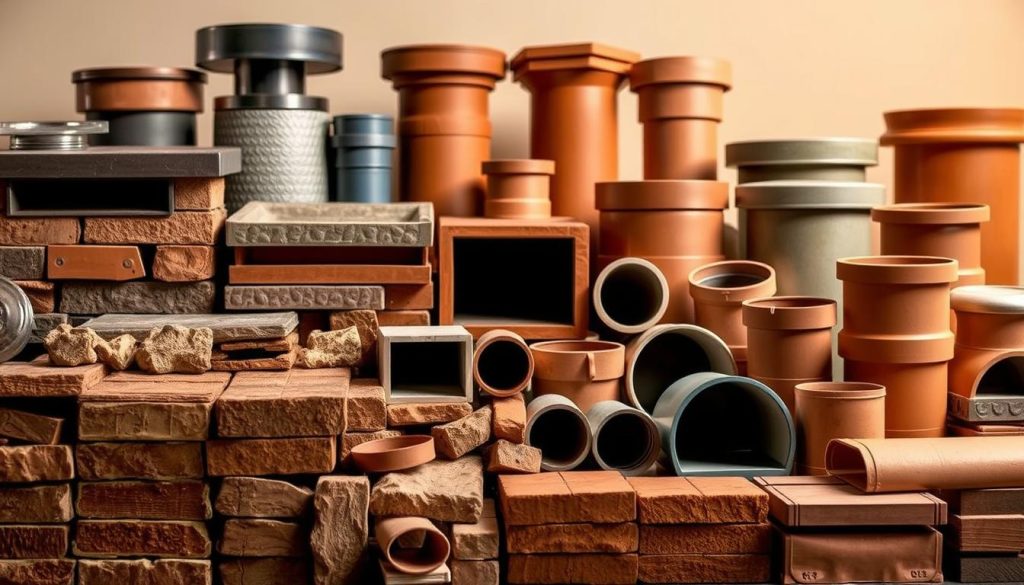 A high-quality, well-crafted assortment of various chimney materials, arranged in a visually appealing display. In the foreground, an array of bricks, stones, and metal components, each with their unique textures and finishes, suggesting durability and attention to detail. The middle ground showcases a selection of clay tiles and ceramic flues, their rich colors and intricate patterns hinting at the functional and aesthetic qualities of these specialized materials. In the background, a soft, diffused lighting creates a sense of warmth and professionalism, highlighting the care and expertise that goes into curating this collection of high-quality chimney components. The overall composition conveys a strong sense of quality assurance and a commitment to providing the best possible materials for chimney renovation projects.