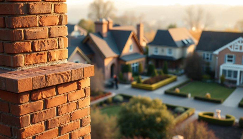 A high-quality, well-crafted chimney renovation service set against a warm, inviting backdrop. In the foreground, a detailed rendering of a sturdy, expertly-constructed brick chimney, its intricate masonry work reflecting the skilled craftsmanship of the tradesmen. In the middle ground, workers carefully inspecting and maintaining the chimney, ensuring every aspect meets the highest standards. The background depicts a charming, picturesque neighborhood, with neatly trimmed gardens and well-maintained homes, conveying a sense of pride and professionalism in the local community. Soft, golden lighting bathes the scene, creating a cozy, inviting atmosphere that exemplifies the reliable, trustworthy nature of the chimney renovation service.