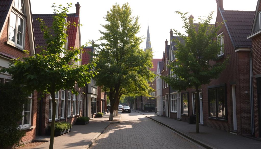 A picturesque street in the charming town of Houten, showcasing the distinct local architectural styles. In the foreground, a row of traditional Dutch gabled roofs and brick facades, each unique in its design. In the middle ground, a quaint cobblestone street lined with lush trees, casting dappled shadows. In the background, a glimpse of the historic church steeple, a focal point of the town's skyline. The scene is bathed in warm, golden afternoon light, creating a cozy and inviting atmosphere. The overall composition captures the essence of Houten's rich architectural heritage and the enduring charm of its local building traditions.