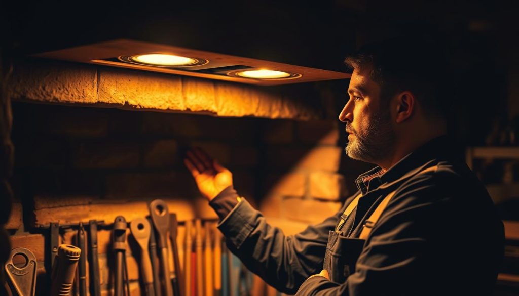 A professional chimney sweep standing in a dimly lit workspace, inspecting a well-maintained chimney flue with a focused expression. The scene is illuminated by warm, golden overhead lighting, casting dramatic shadows and highlighting the intricate details of the chimney's structure. In the background, a variety of specialized tools and equipment are neatly organized, conveying the expertise and diligence required for this essential chimney maintenance task. The overall atmosphere is one of quiet professionalism, reflecting the importance of proper chimney care in ensuring the safety and efficiency of home heating systems in Stadskanaal.