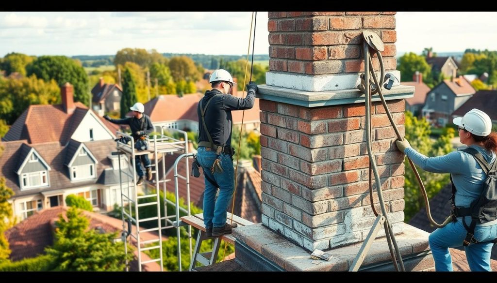 A professional, well-equipped crew performing a high-quality chimney renovation. In the foreground, a team of skilled workers meticulously inspecting and repairing the masonry, ensuring a thorough and long-lasting restoration. In the middle ground, the scaffolding and tools used to access the chimney, conveying the technical expertise required. The background features the picturesque Oegstgeest neighborhood, with its charming houses and lush greenery, setting the scene for this essential home improvement project. The lighting is warm and natural, highlighting the care and attention to detail in the renovation process. This scene captures the benefits of entrusting your chimney to experienced professionals, safeguarding both the structural integrity and the aesthetic appeal of your home.