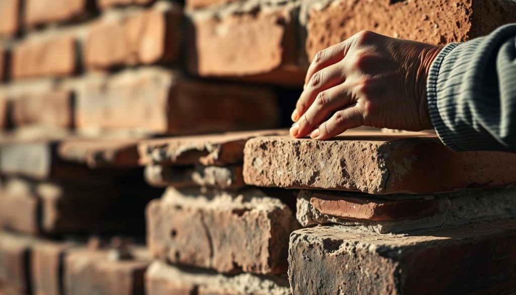 A professional, well-lit close-up shot of a skilled mason's hands meticulously repairing and restoring damaged masonry joints and mortar in a historic brick chimney or fireplace. The foreground focuses on the delicate, precise movements as the mason carefully applies new mortar and smooths the surface, while the middle ground reveals the partially restored chimney structure. The background is softly blurred, conveying a serene, focused atmosphere as the mason diligently works to preserve the structural integrity and aesthetic of the chimney. Warm, natural lighting casts subtle shadows that accentuate the textures and craftsmanship of the restoration process.