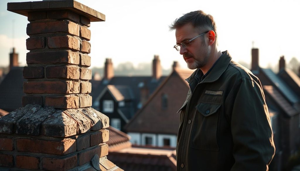 A skilled local chimney specialist, dressed in a sturdy work uniform, carefully inspecting an old brick chimney in a cozy residential neighborhood. The sunlight casts warm shadows across the scene, highlighting the specialist's focused expression as they evaluate the structure's condition. In the background, the rooftops of traditional Druten houses create a charming, picturesque setting, hinting at the importance of reliable chimney maintenance in this quaint town. The overall mood conveys a sense of expertise, attention to detail, and the importance of professional chimney renovations for the well-being of the local community.