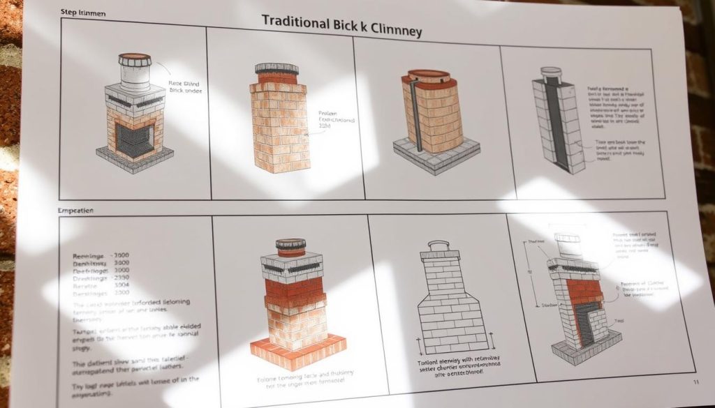 A step-by-step renovation guide for a traditional brick chimney in Emmeloord, the Netherlands. A detailed architectural blueprint shows the intricate process, with annotated diagrams illustrating each phase. Soft natural lighting illuminates the scene, highlighting the textured masonry and reinforcing materials. The image is captured at a medium angle, providing an informative, technical perspective without overshadowing the subject matter. An air of precision and professionalism permeates the scene, conveying the expertise required for a successful chimney renovation project.