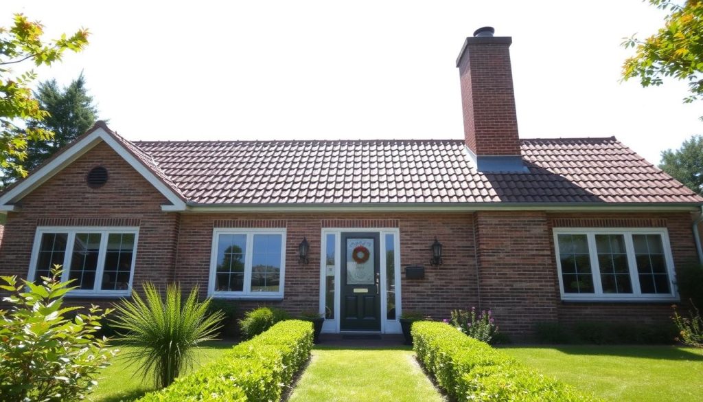 A sunny exterior view of a well-maintained Dutch home, with a prominent brick chimney stack rising from the rooftop. The home's facade is adorned with traditional gabled windows and warm, earthy tones. In the foreground, a neatly landscaped garden leads the eye towards the entrance, inviting the viewer to step inside. The sky above is clear and bright, casting a natural, ambient light across the scene. A sense of comfort and security emanates from the home, conveying the importance of a thorough, professional roof and chimney inspection to ensure the property's continued well-being.
