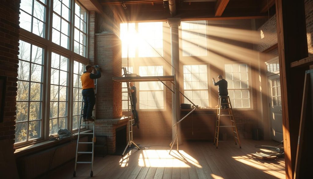 A transparent, luminous renovation process unfolding in a cozy, sunlit interior. Beams of natural light stream through large windows, casting a warm glow on the exposed brickwork and wooden floorboards. Workers skillfully maneuver scaffolding, carefully removing and replacing the existing chimney structure. The space is filled with a sense of progress and anticipation, as the transformation from old to new takes shape. Soft shadows dance across the scene, creating a sense of depth and movement. The overall atmosphere is one of quiet efficiency and meticulous care, reflecting the attention to detail inherent in a successful chimney renovation.