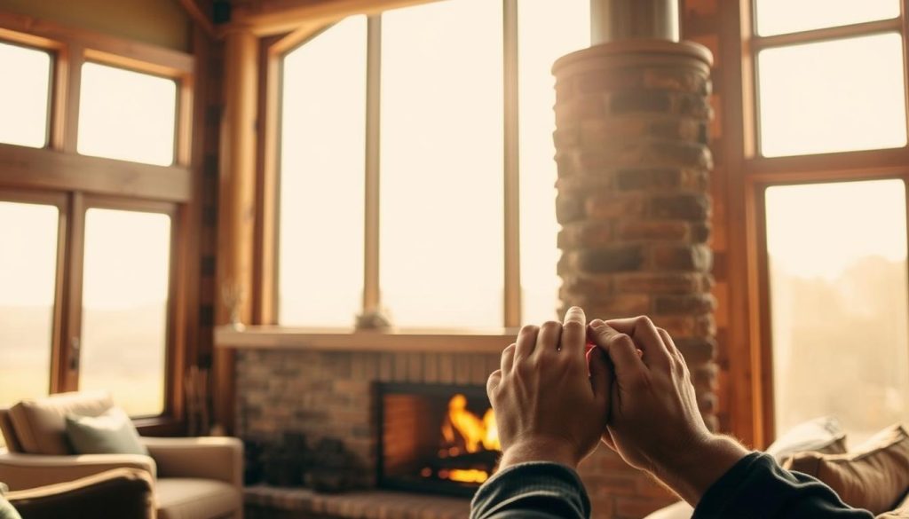 A warm, cozy fireplace nestled in a rustic living room, with a well-maintained chimney stack rising gracefully against a soft, hazy sky. The scene exudes a sense of comfort and security, capturing the benefits of a professional chimney renovation. Sunlight filters through large windows, casting a gentle glow on the room's natural wood accents and plush furnishings. In the foreground, a pair of hands carefully tending to the fireplace, symbolic of the care and attention required for a successful chimney renovation project. The overall atmosphere conveys the peace of mind and improved home efficiency that a well-executed chimney renovation can provide.