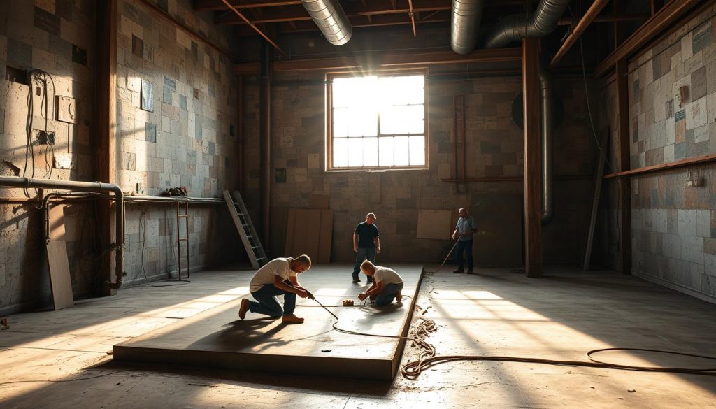 A weathered and well-worn loft space, its walls adorned with a patchwork of vintage construction materials. Sunlight filters through a large window, casting long shadows across the rough-hewn wooden beams and the intricate network of pipes and ducts. In the foreground, a team of skilled tradespeople meticulously sealing and waterproofing a section of the loft's concrete slab, employing specialized tools and techniques to ensure a flawless, watertight finish. The atmosphere is one of careful attention to detail, a fusion of old and new, as the historic structure is thoughtfully renovated for modern use.