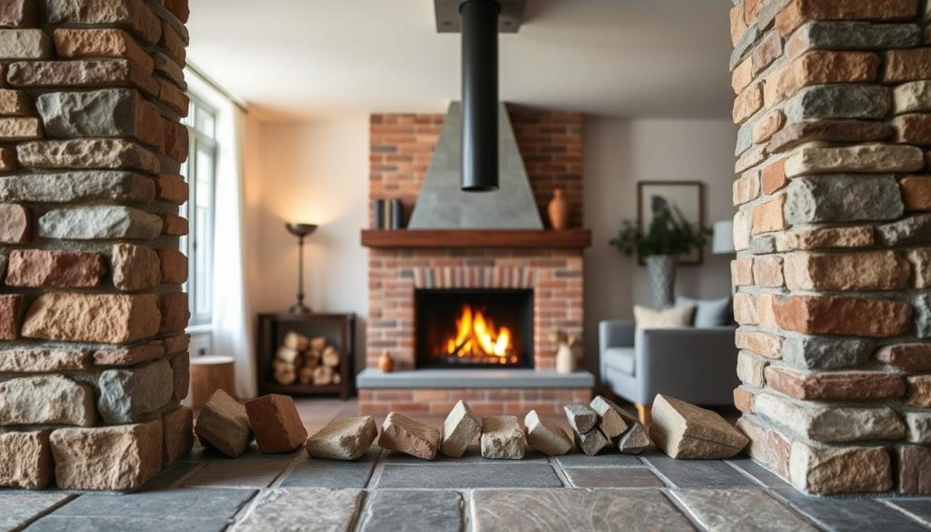 A well-crafted and durable fireplace made of quality materials, standing sturdy against the test of time. The foreground showcases an array of natural stones, bricks, and heat-resistant ceramics, each piece carefully selected for its thermal properties and aesthetic appeal. The middle ground features a meticulously designed chimney, its flue seamlessly integrated into the overall structure, ensuring efficient smoke evacuation. In the background, a cozy and inviting living space comes into view, the fireplace serving as the centerpiece, radiating warmth and ambiance. Soft, directional lighting illuminates the scene, casting gentle shadows that accentuate the textures and craftsmanship of the materials. The overall atmosphere exudes a sense of timelessness and sustainability, perfectly capturing the essence of "Duurzame schoorsteenmaterialen" for the article on "Schoorsteen renovatie Rhenen".