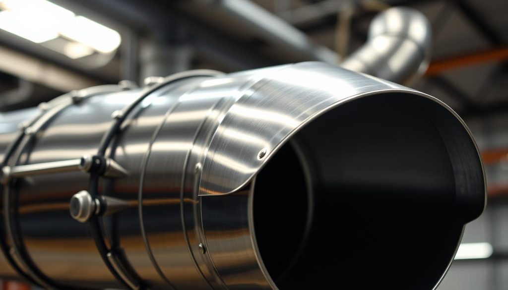 A well-lit, closeup view of a modern, professional-grade stainless steel chimney flue system. The foreground features the metallic exterior of the flue, with intricate details of the joints, rivets, and protective thermal insulation. The middle ground showcases the sleek, tapered design of the flue, emphasizing its efficient airflow and ventilation capabilities. The background gently fades into a softly lit industrial setting, hinting at the robust construction and safety features of this premium chimney renovation solution. The overall scene conveys a sense of reliability, durability, and technical proficiency associated with professional-level chimney restoration work.