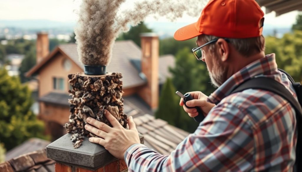 A well-lit, detailed scene of a professional chimney sweep inspecting and maintaining a residential chimney. In the foreground, the sweep is carefully examining the interior of the chimney with specialized tools, ensuring it is free of debris and obstructions. The middle ground shows the exterior of the home, with the chimney stack emerging from the roof, surrounded by lush landscaping. The background features a softly blurred cityscape, providing context. The overall mood is one of diligence and attention to detail, conveying the importance of proper chimney maintenance for home safety and efficiency.