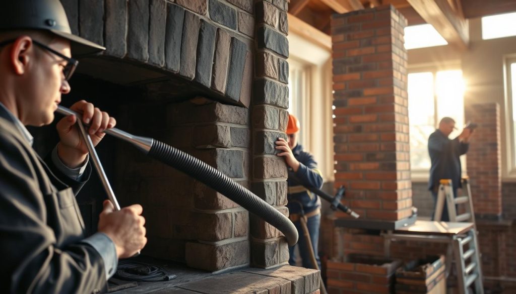 A well-lit, detailed scene showcasing the workflow of a professional chimney specialist. In the foreground, a chimney sweep in a smart uniform inspects the interior of a fireplace with a metal tool, examining for any obstructions or damage. The middle ground features the specialist using a high-powered vacuum to clean out accumulated soot and debris, while in the background, a team of specialists repair and repoint the exterior brickwork of the chimney stack, ensuring it is structurally sound and weatherproof. The scene is bathed in warm, natural sunlight filtering through windows, creating a sense of professionalism and expertise. The overall mood is one of diligence, care, and attention to detail as the specialists meticulously maintain and restore the chimney to its optimal condition.