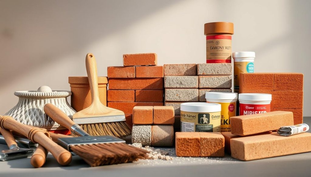 A well-lit, detailed still life showcasing an assortment of durable materials suitable for chimney maintenance. In the foreground, a selection of masonry tools and brushes, their worn wooden handles and steel components illuminated by warm, natural light. In the middle ground, a variety of masonry bricks, cement, and sealants neatly arranged, their textures and colors captured in high resolution. The background features a simple, uncluttered studio setting, with soft shadows and a muted color palette that allows the materials to take center stage. The overall mood is one of professionalism, quality, and commitment to long-lasting, sustainable solutions for chimney renovation.