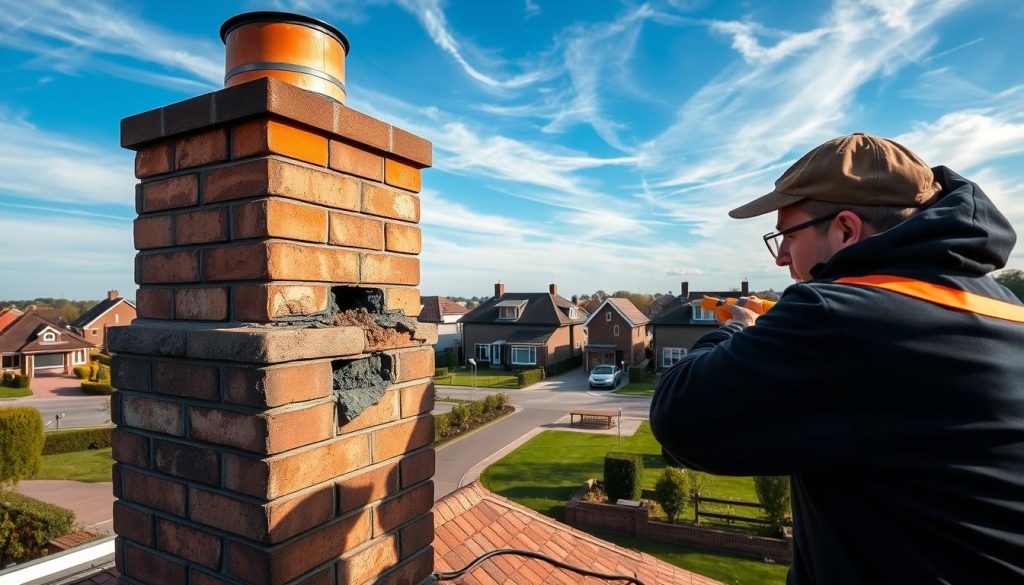 A well-lit, high-quality photograph showcasing a professional chimney renovation in Terneuzen. The foreground features a skilled technician meticulously repairing and restoring the aging brickwork of the chimney, using specialized tools and techniques to ensure a long-lasting, sturdy structure. The middle ground captures the surrounding residential neighborhood, with neatly manicured yards and well-maintained homes, conveying a sense of pride and community. In the background, a clear blue sky with wispy clouds creates a peaceful, tranquil atmosphere, complementing the diligent craftsmanship on display. The image is framed to highlight the technical expertise and attention to detail involved in the professional chimney renovation process.