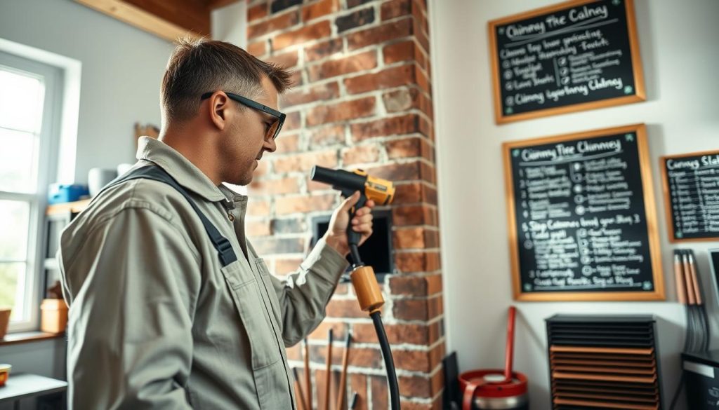A well-lit workshop interior with a professional chimney sweep technician methodically inspecting and maintaining a residential brick chimney. The technician is shown from the chest up, wearing a clean coverall uniform and safety goggles, carefully examining the flue with a specialized chimney inspection tool. The background features neatly organized chimney cleaning supplies and a wall-mounted chalkboard displaying detailed step-by-step instructions for the chimney maintenance process. Soft natural lighting streams in from a window, creating a sense of order and professionalism. The scene conveys the expertise and care involved in ensuring a chimney's proper functioning and safety.