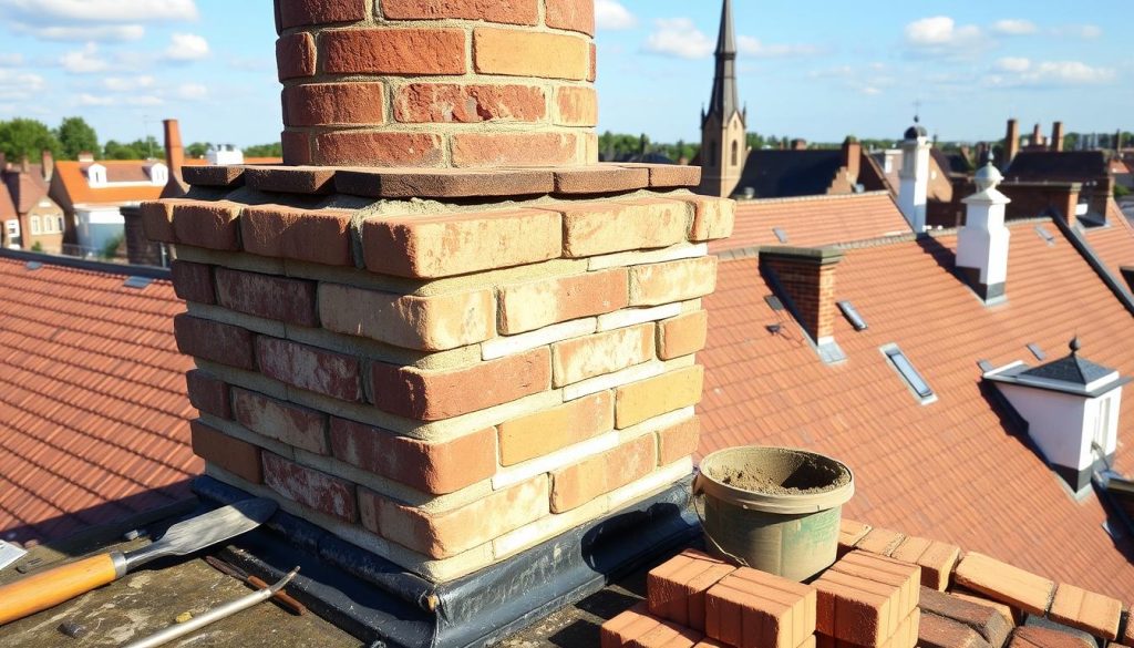 A well-maintained, expertly repaired chimney crown in the historic town of Ridderkerk. Intricate masonry work with carefully placed bricks and mortar, forming a sturdy, weatherproof seal at the top of the chimney stack. Sunlight casts warm shadows across the textured surface, highlighting the craftsmanship. In the foreground, tools and materials used by the skilled roofer, including a trowel, bucket of mortar, and freshly cut bricks. In the background, the picturesque rooftops and church spires of Ridderkerk, creating a charming, quaint atmosphere. The overall scene conveys a sense of pride and care taken in preserving the architectural heritage of the local community.