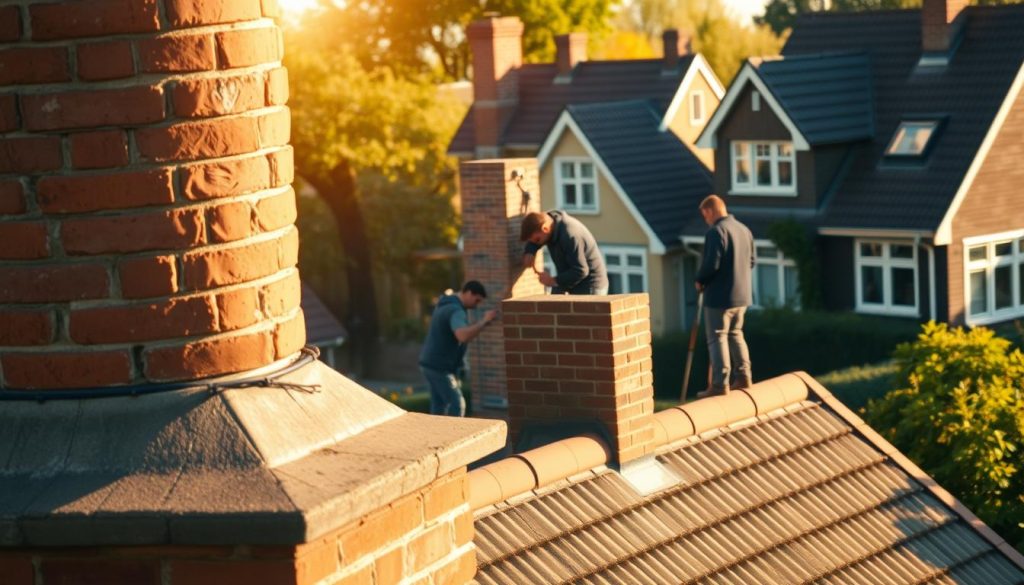 Detailed image of a residential chimney renovation project in Sneek, Netherlands. The chimney stands prominently in the foreground, its weathered bricks and mortar joints conveying its age and need for refurbishment. In the middle ground, skilled craftsmen are shown working on the chimney, using specialized tools and materials to carefully restore its structural integrity and appearance. The background features a picturesque Dutch neighborhood, with traditional gabled houses and lush greenery, setting the scene for this important home improvement endeavor. Warm, golden sunlight filters through the scene, creating a sense of care and diligence in the restoration process. The overall mood is one of thoughtful, meticulous renovation to preserve the historical character of the local architecture.