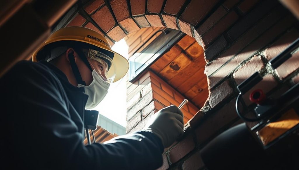 Detailed interior view of a professional chimney inspection in progress. A technician in protective gear closely examines the inner lining of a large brick chimney, using various tools and equipment. The scene is lit by a combination of natural daylight streaming in from above and focused task lighting, casting dramatic shadows and highlights. The overall atmosphere is one of diligent, methodical inspection, with a sense of importance and care given to this critical structural element of a building.