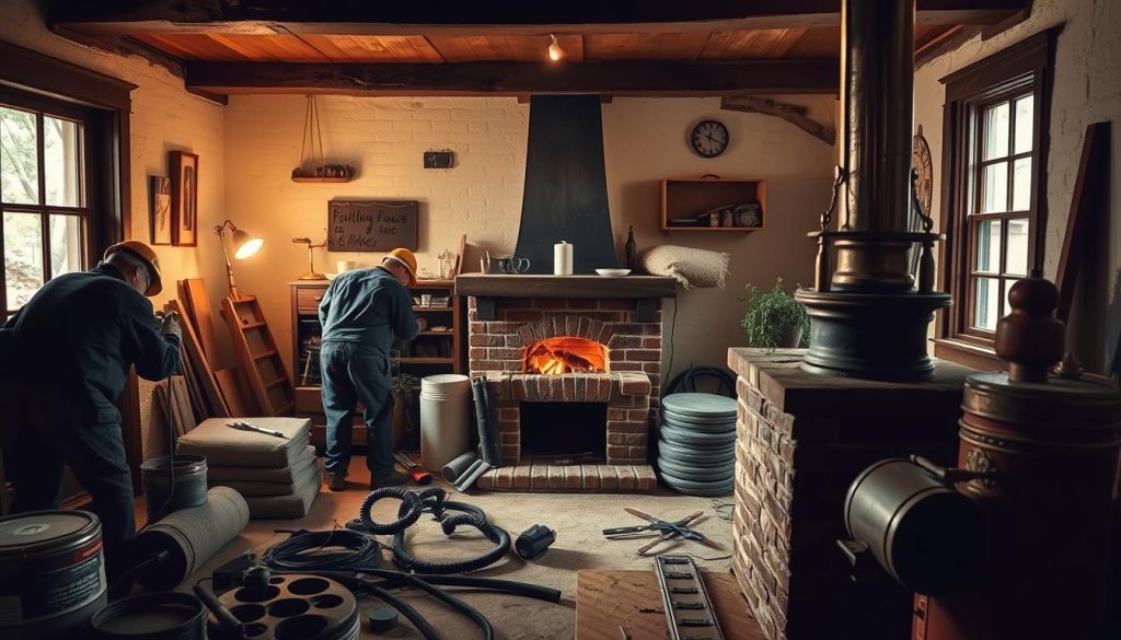 Prompt A well-lit interior scene showcasing various sustainable chimney renovation techniques. In the foreground, workers are meticulously repairing cracks and installing energy-efficient liners. The middle ground features an array of specialized tools and materials, while the background reveals a cozy, historic residential setting with an old-world charm. The lighting is soft and natural, highlighting the care and precision of the renovation process. The overall atmosphere conveys a sense of craftsmanship, sustainability, and the preservation of architectural heritage.